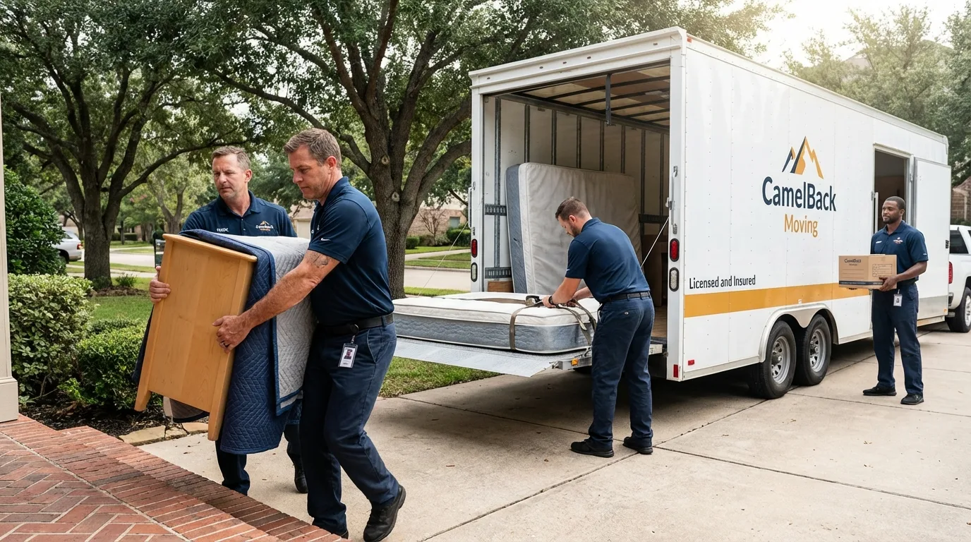 Crew loading residential truck for cross-state move from New Summerfield, TX