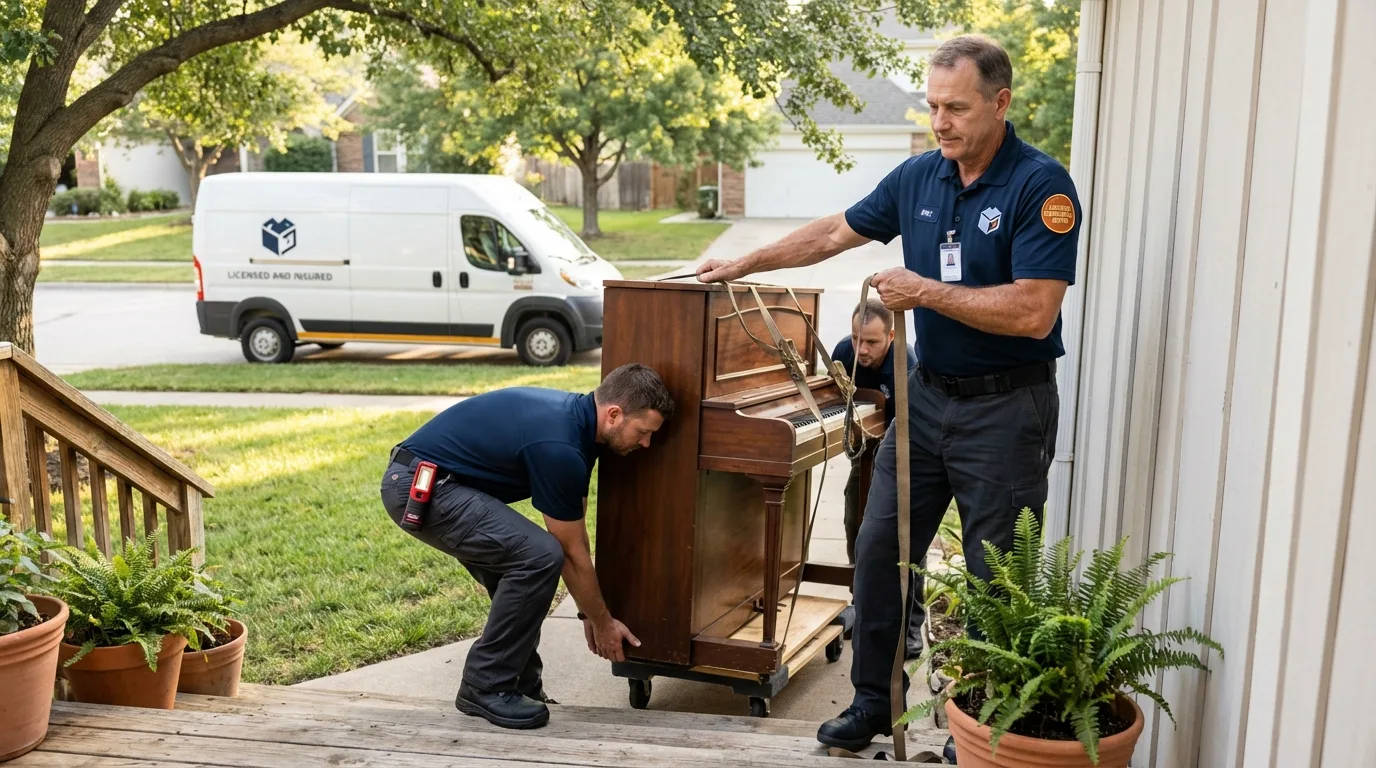 Licensed piano movers securing grand piano in New Summerfield, TX