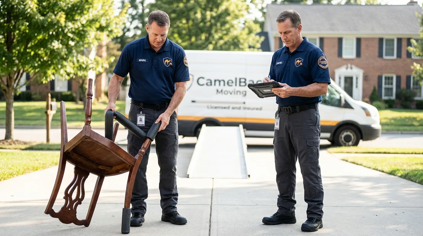 Movers inspecting furniture for damage prevention before loading in New Summerfield, TX