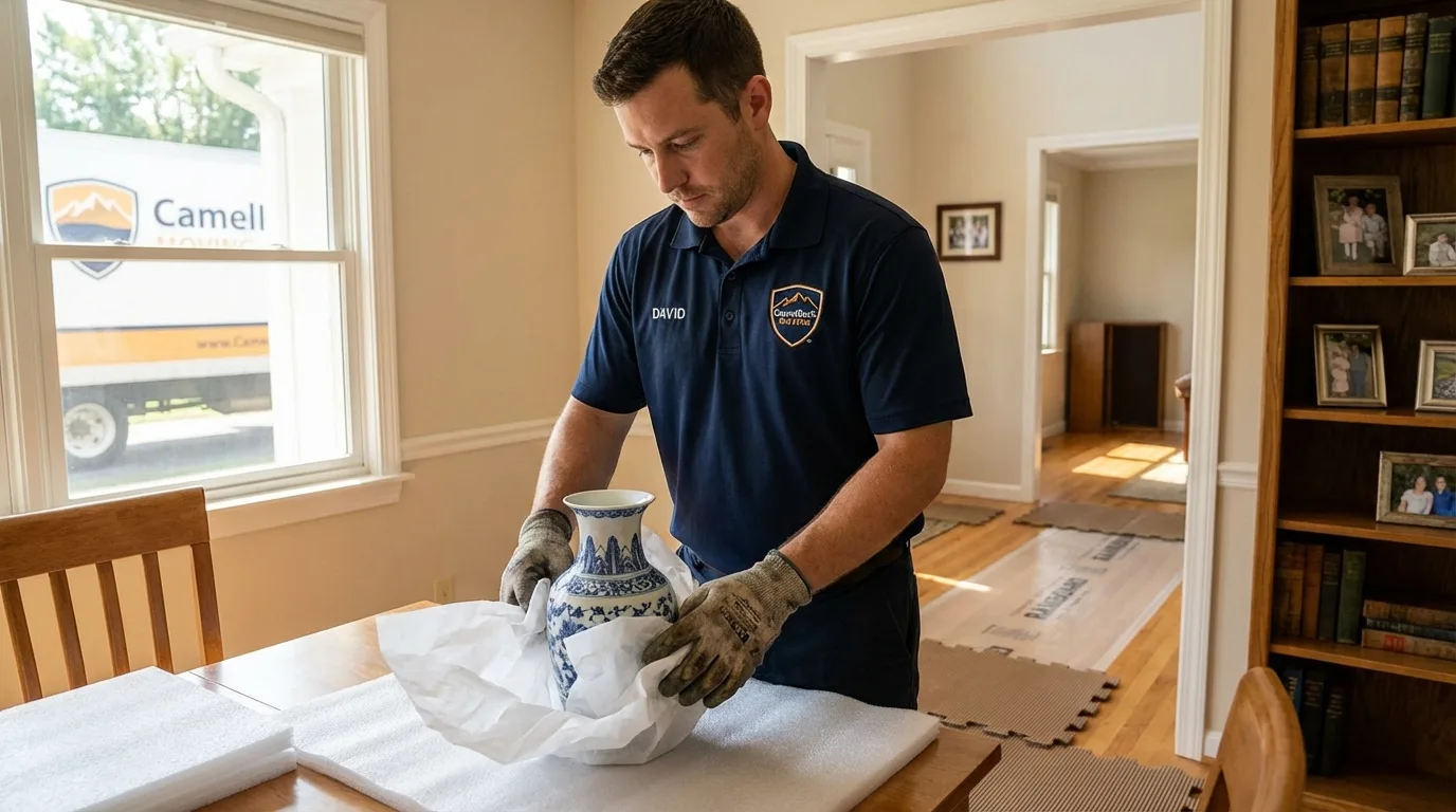 Professional crew carefully wrapping antique vase for senior downsizing move in New Summerfield, TX