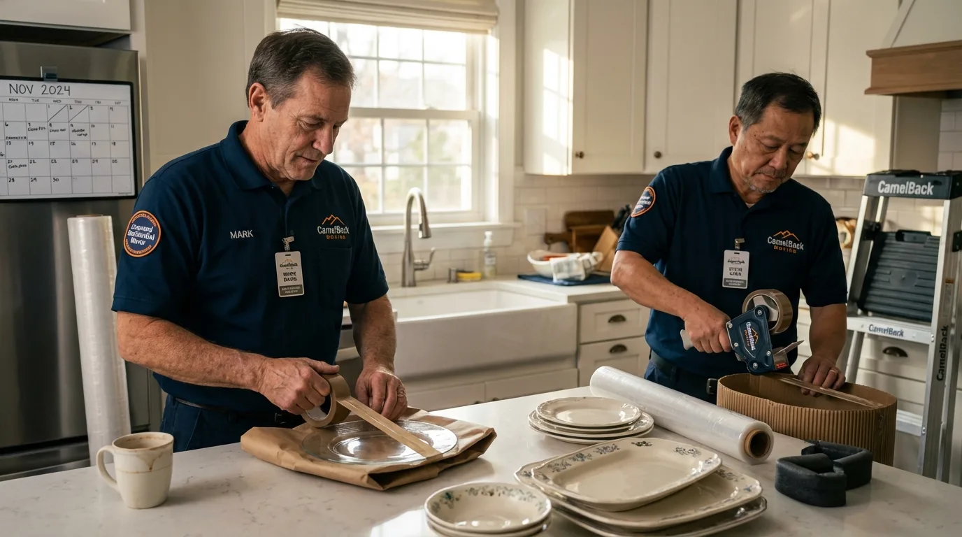 Professional crew packing kitchen dishware in New Summerfield, TX